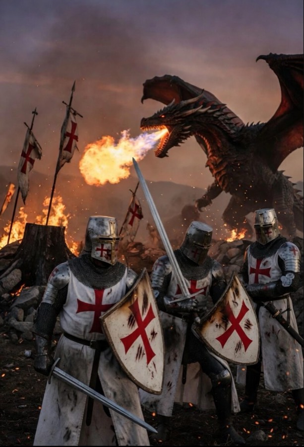 Templar crusaders standing against a fire-breathing dragon